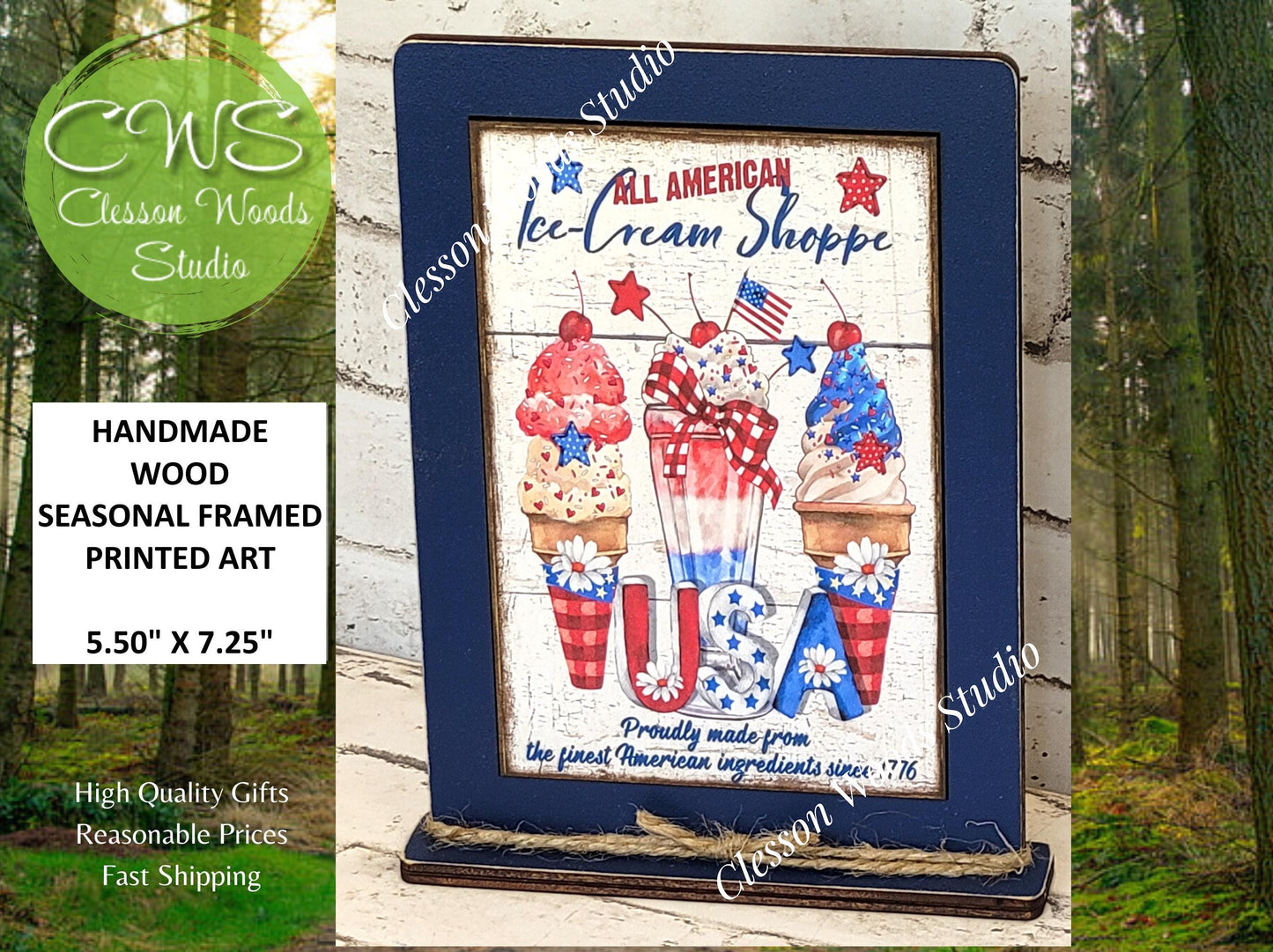 Summer All American Ice Cream Shop Framed Art with Attached Stand