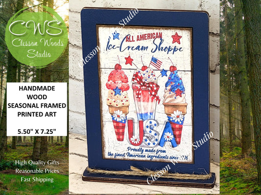 Summer All American Ice Cream Shop Framed Art with Attached Stand