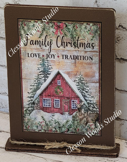 Family Christmas Love Joy Tradition Framed Art with Attached Stand
