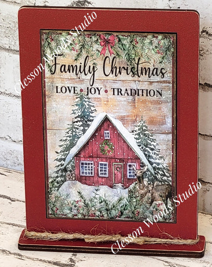 Family Christmas Love Joy Tradition Framed Art with Attached Stand
