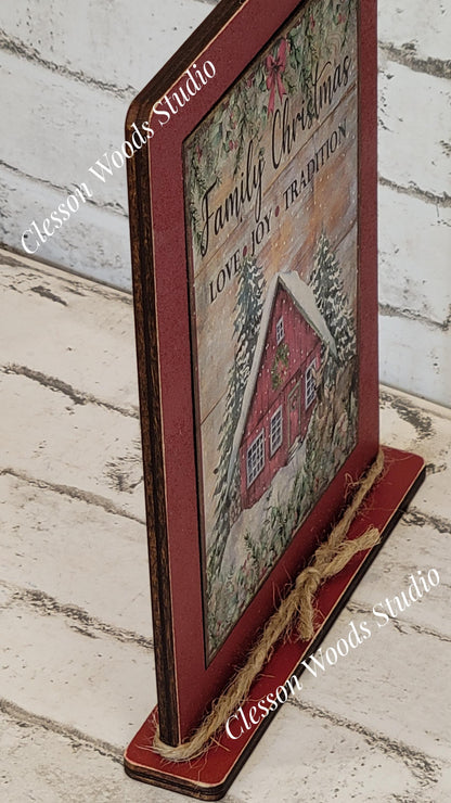 Family Christmas Love Joy Tradition Framed Art with Attached Stand