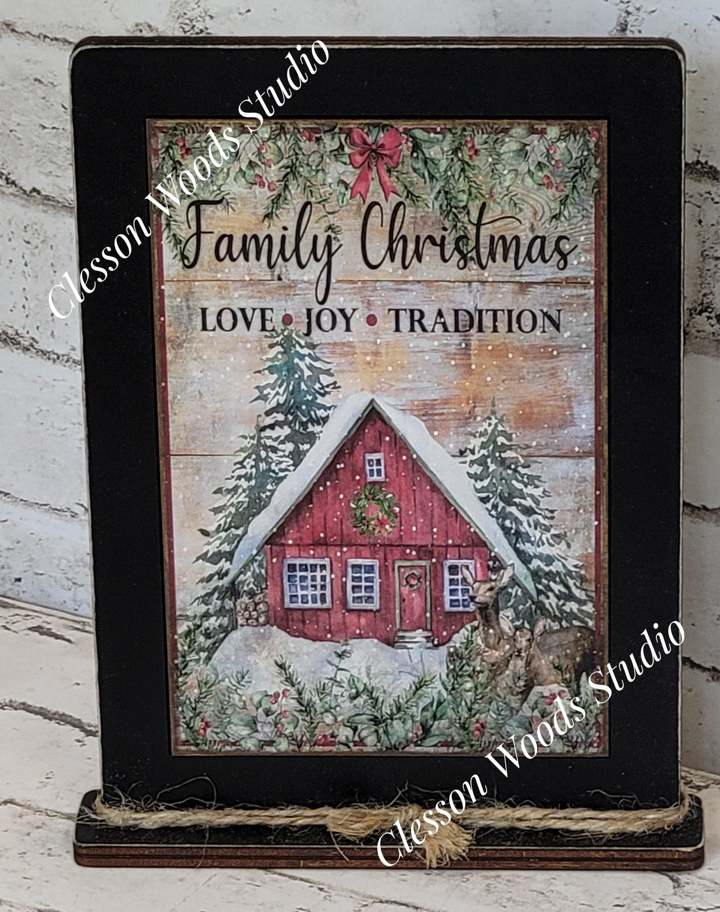 Family Christmas Love Joy Tradition Framed Art with Attached Stand