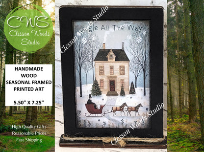 Jingle All The Way Saltbox House and Sleigh Framed Art with Attached Stand