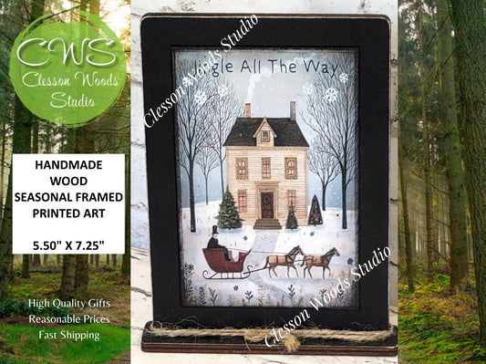 Jingle All The Way Saltbox House and Sleigh Framed Art with Attached Stand