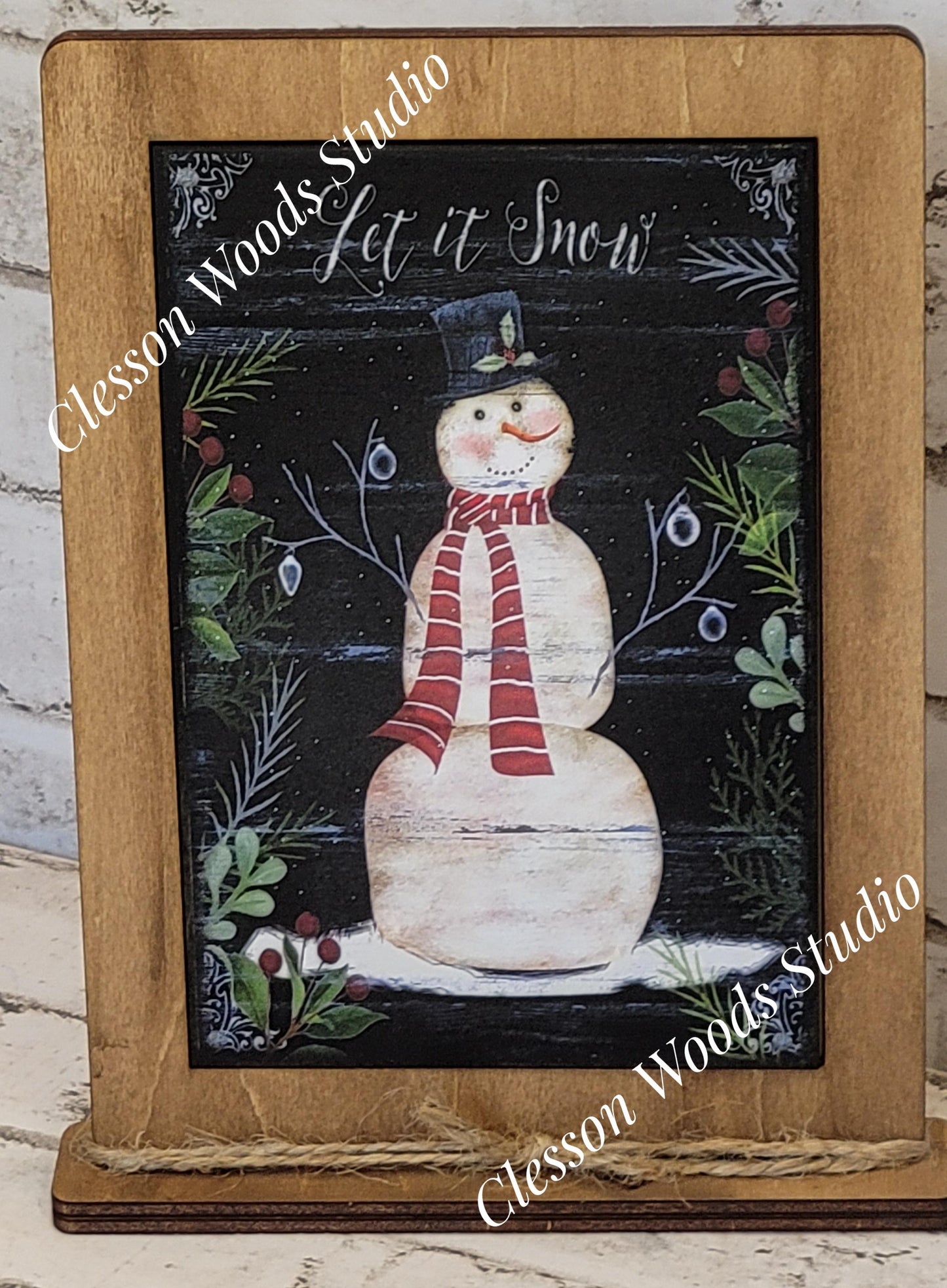 Let It Snow Primitive Snowman Framed Art with Attached Stand