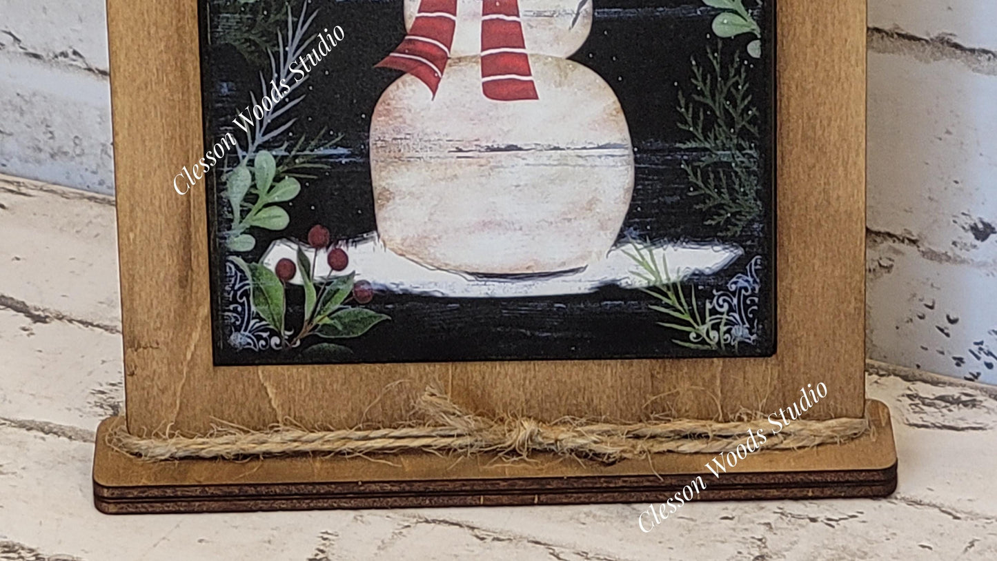 Let It Snow Primitive Snowman Framed Art with Attached Stand