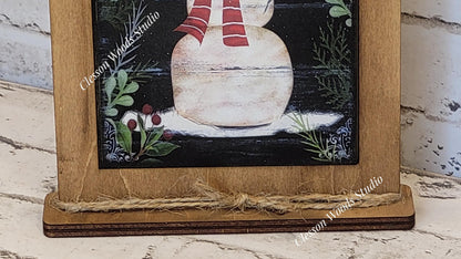 Let It Snow Primitive Snowman Framed Art with Attached Stand
