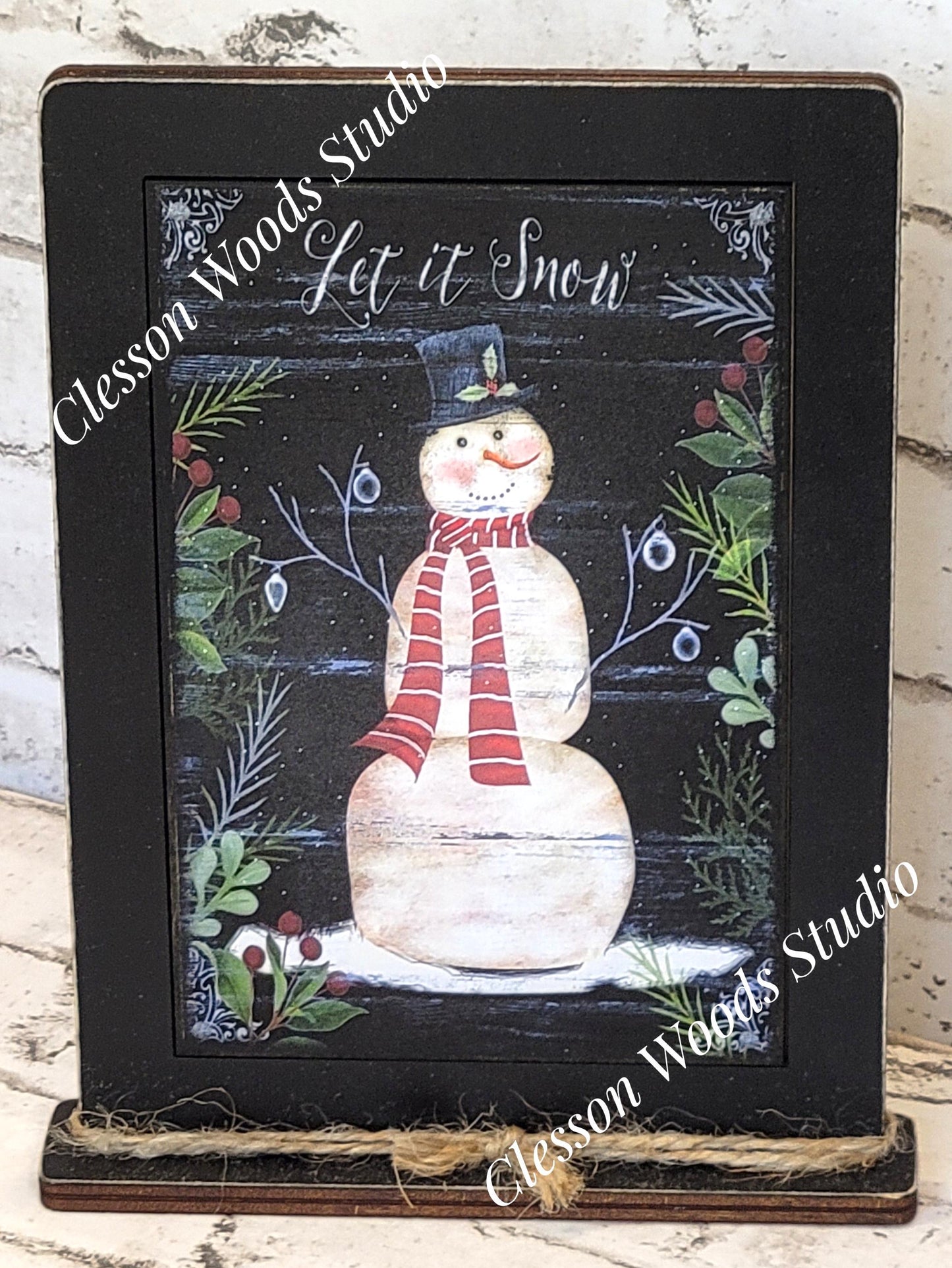 Let It Snow Primitive Snowman Framed Art with Attached Stand