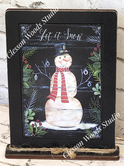 Let It Snow Primitive Snowman Framed Art with Attached Stand
