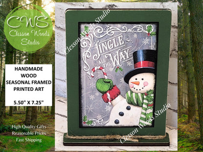Jingle All The Way Snowman With Candy Cane Framed Art with Attached Stand
