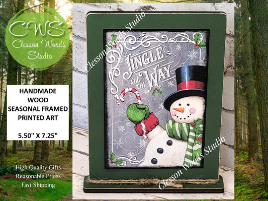 Jingle All The Way Snowman With Candy Cane Framed Art with Attached Stand