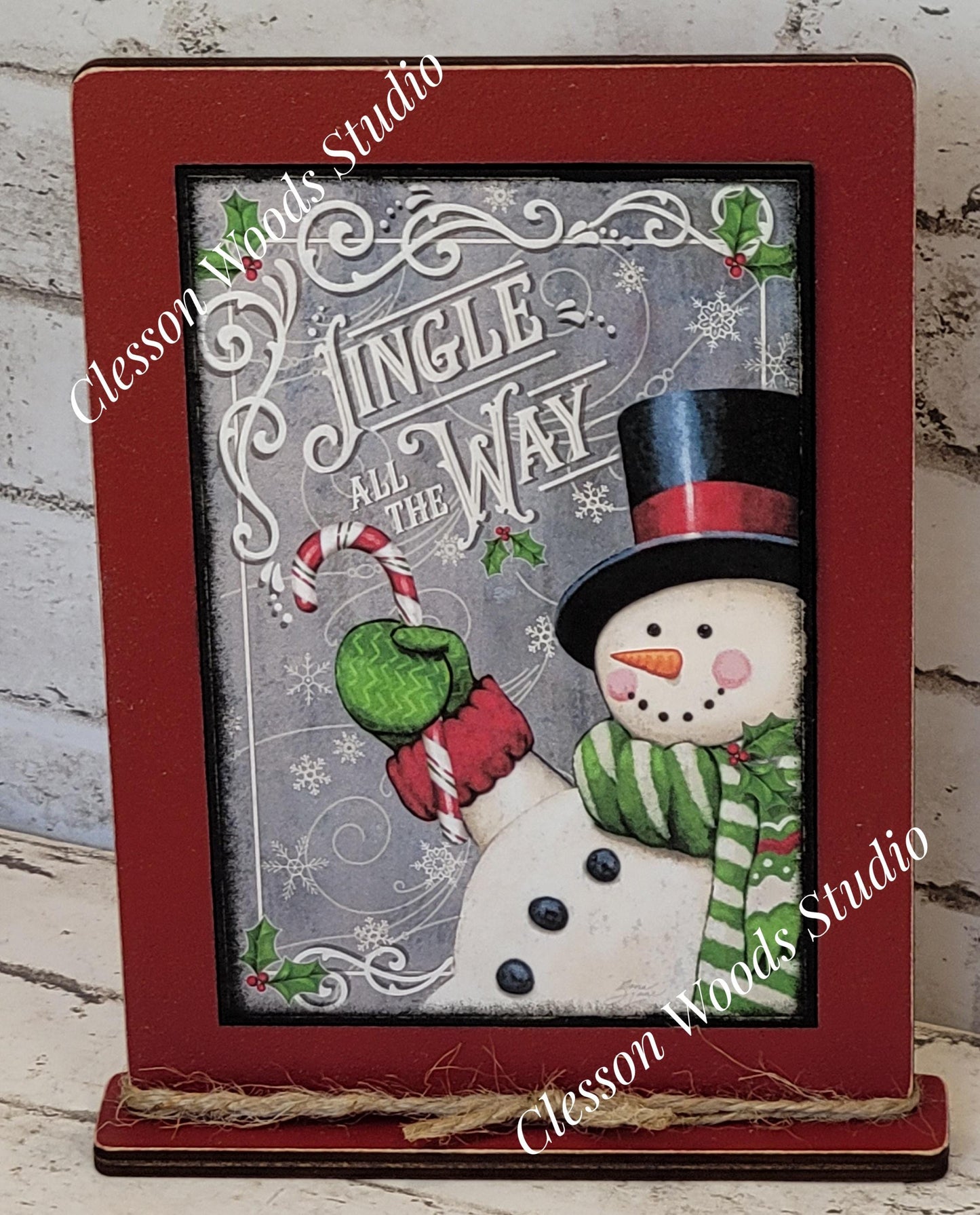 Jingle All The Way Snowman With Candy Cane Framed Art with Attached Stand