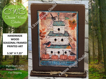 Welcome Fall Birdhouse Framed Art with Attached Stand