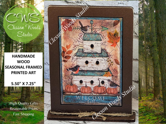 Welcome Fall Birdhouse Framed Art with Attached Stand