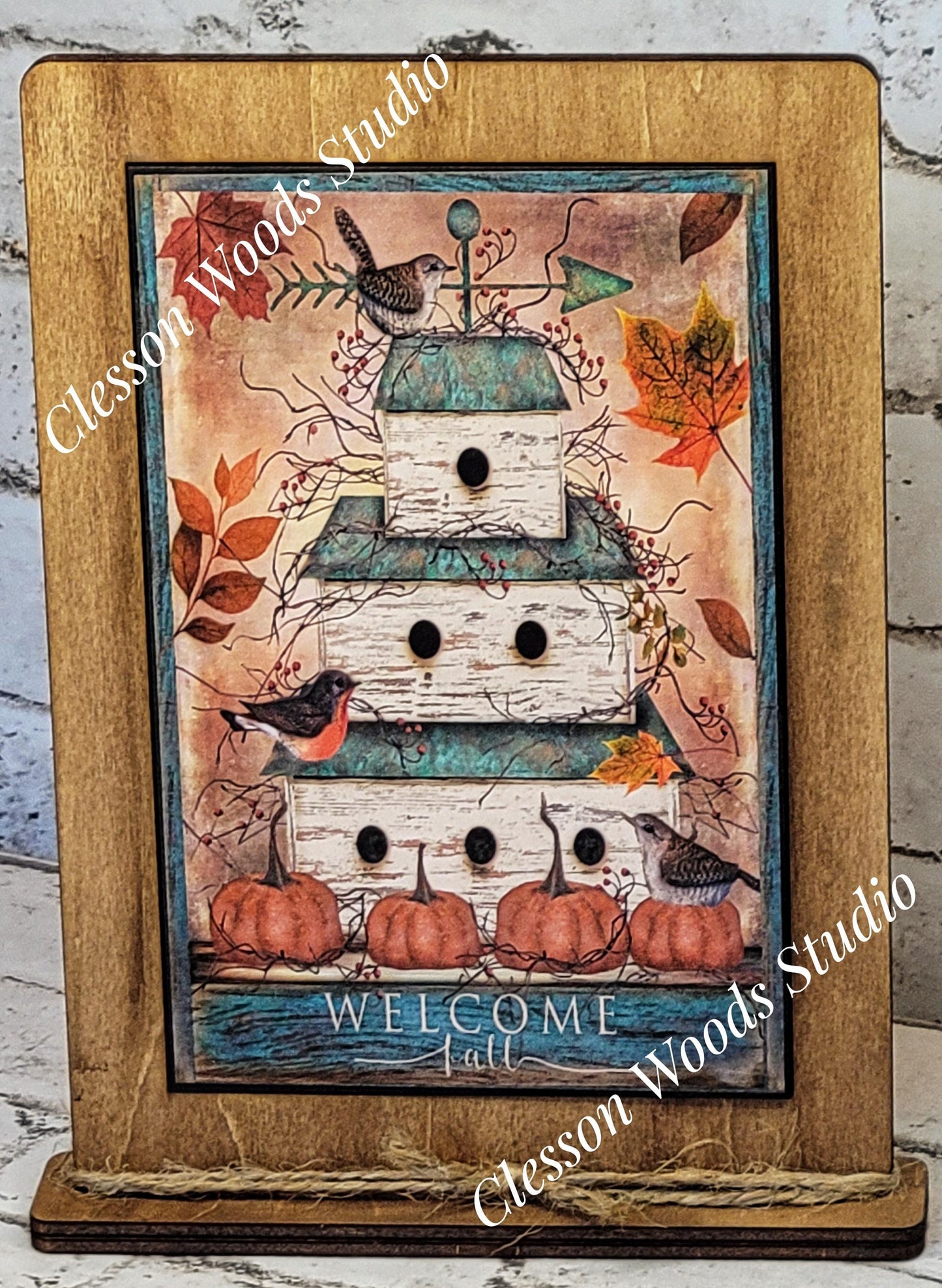 Welcome Fall Birdhouse Framed Art with Attached Stand