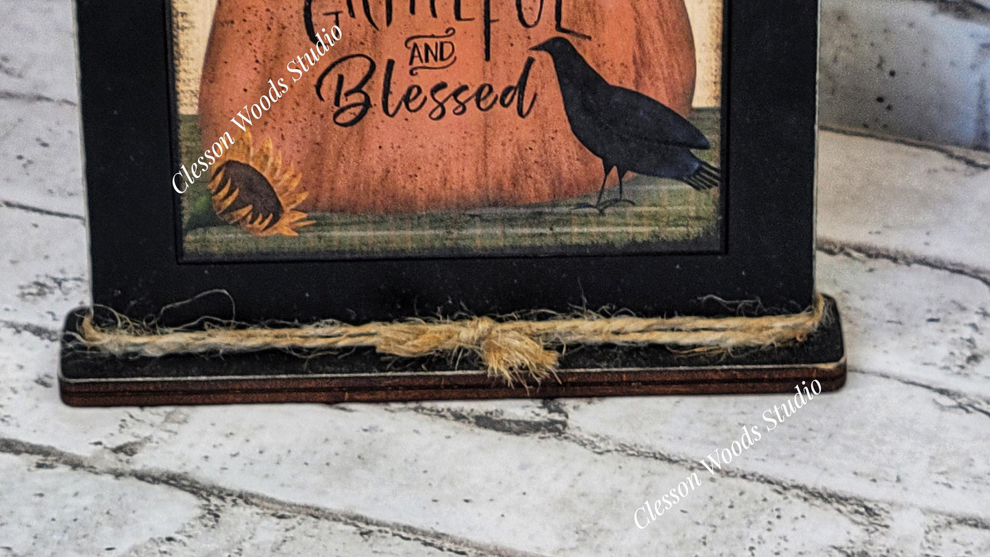 Primitive Thankful Grateful and Blessed Framed Art with Attached Stand