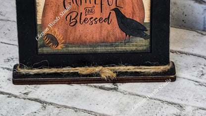 Primitive Thankful Grateful and Blessed Framed Art with Attached Stand