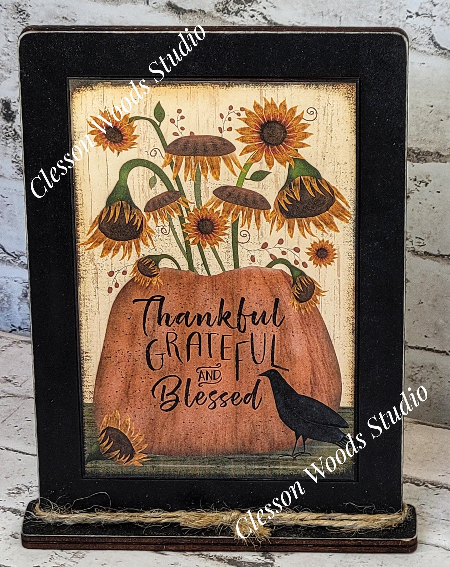 Primitive Thankful Grateful and Blessed Framed Art with Attached Stand