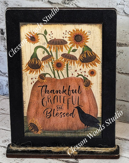 Primitive Thankful Grateful and Blessed Framed Art with Attached Stand