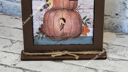 Primitive Pumpkin Stack Birdhouse Framed Art with Attached Stand