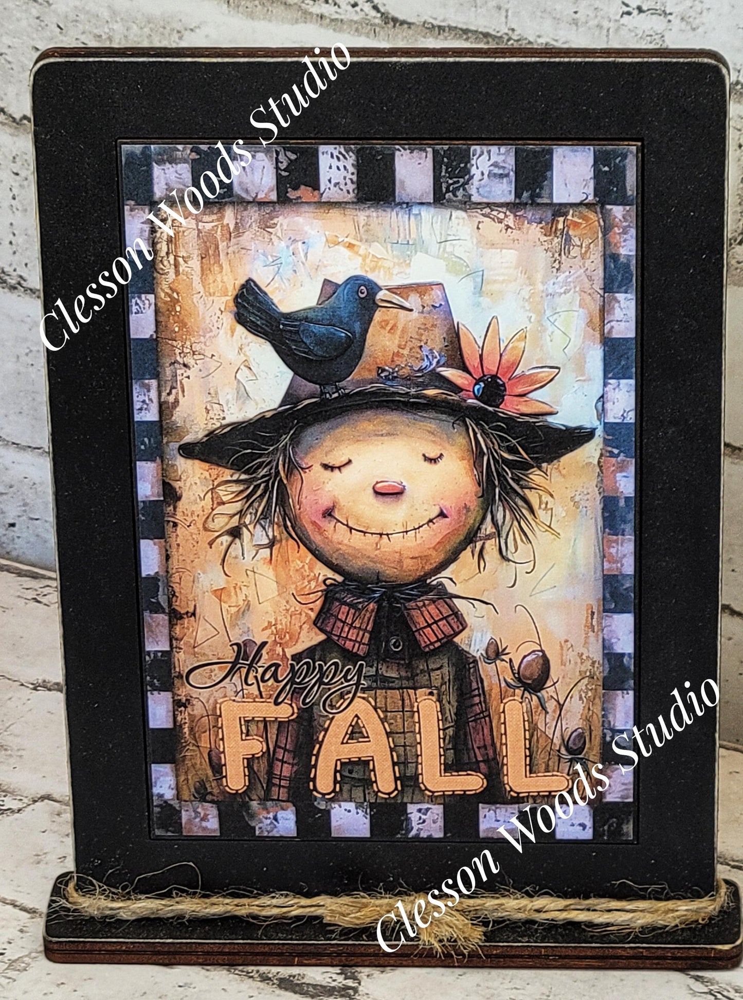 Happy Fall Whimsical Scarecrow Framed Art with Attached Stand