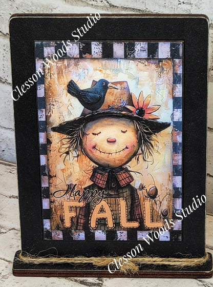 Happy Fall Whimsical Scarecrow Framed Art with Attached Stand