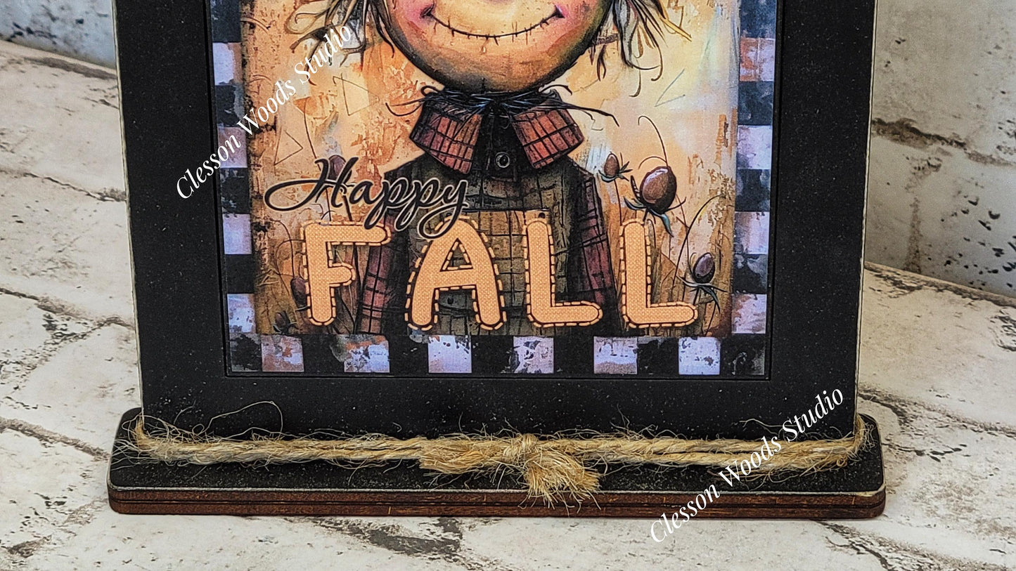 Happy Fall Whimsical Scarecrow Framed Art with Attached Stand
