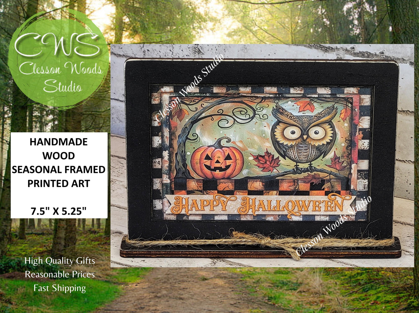 Primitive Happy Halloween Owl and Pumpkin Art with Attached Stand