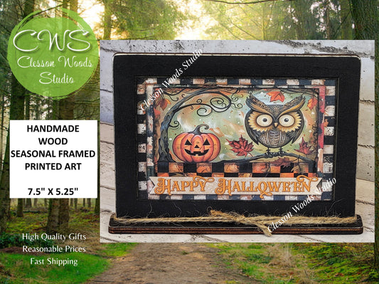 Primitive Happy Halloween Owl and Pumpkin Art with Attached Stand