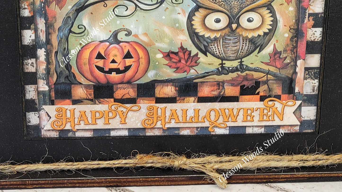Primitive Happy Halloween Owl and Pumpkin Art with Attached Stand