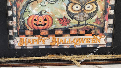 Primitive Happy Halloween Owl and Pumpkin Art with Attached Stand