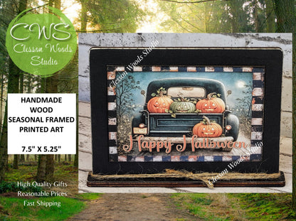Primitive Happy Halloween Vintage Black Truck Framed Art with Attached Stand