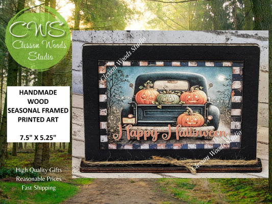 Primitive Happy Halloween Vintage Black Truck Framed Art with Attached Stand