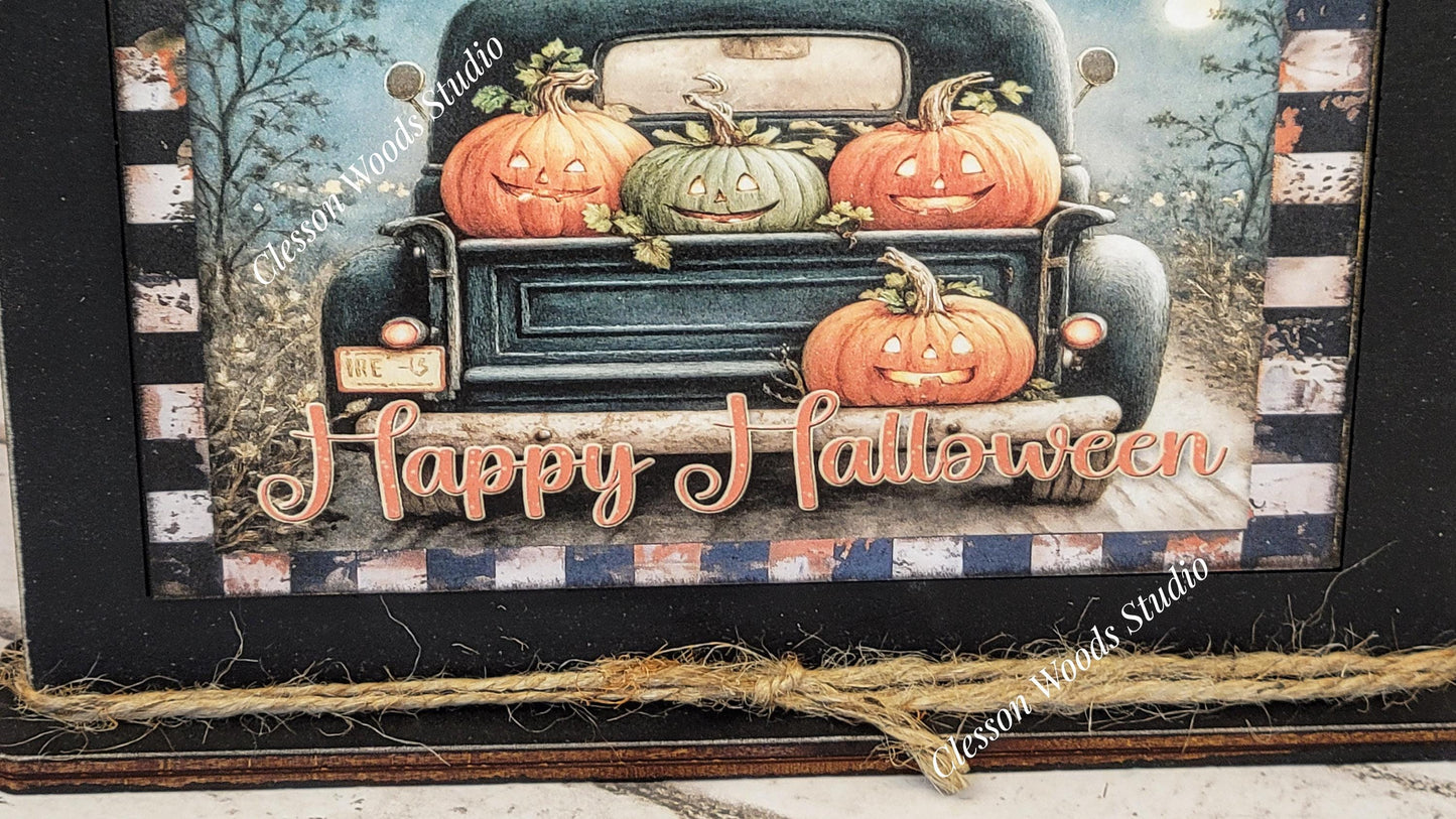 Primitive Happy Halloween Vintage Black Truck Framed Art with Attached Stand