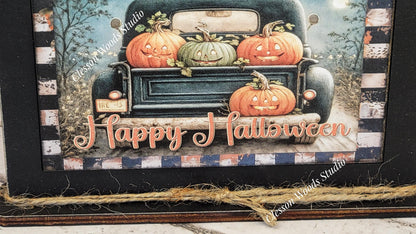 Primitive Happy Halloween Vintage Black Truck Framed Art with Attached Stand