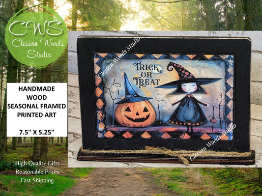 Primitive Trick or Treat Witch Framed Art with Attached Stand