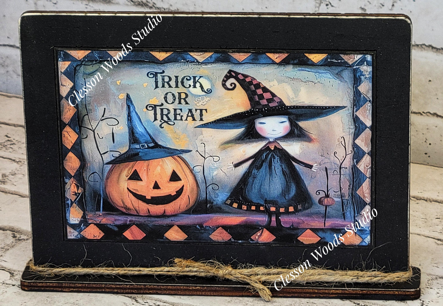 Primitive Trick or Treat Witch Framed Art with Attached Stand