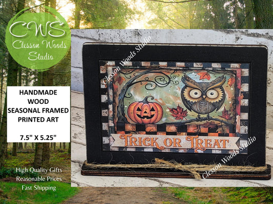 Primitive Trick or Treat Owl and Pumpkin Framed Art with Attached Stand