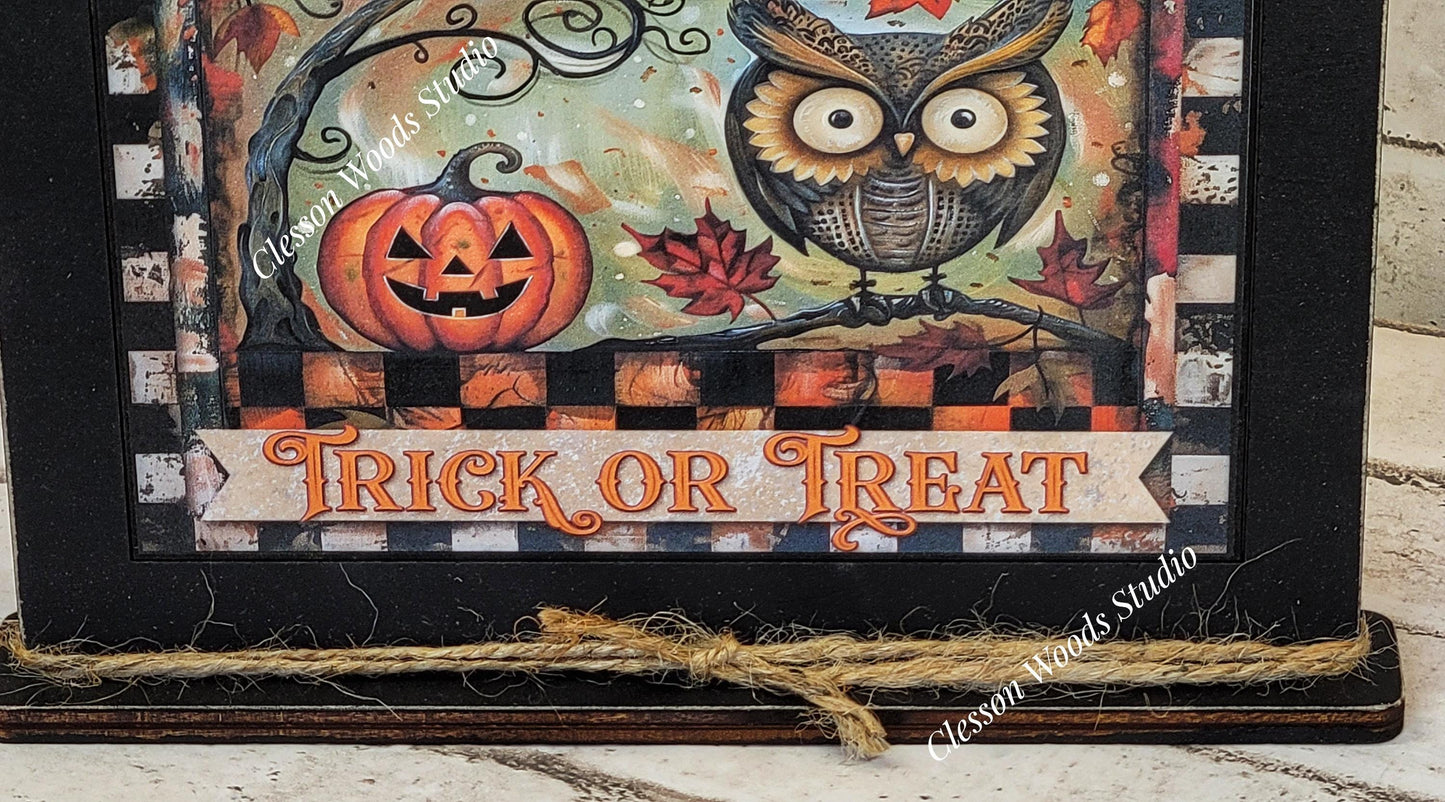 Primitive Trick or Treat Owl and Pumpkin Framed Art with Attached Stand