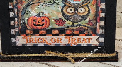 Primitive Trick or Treat Owl and Pumpkin Framed Art with Attached Stand