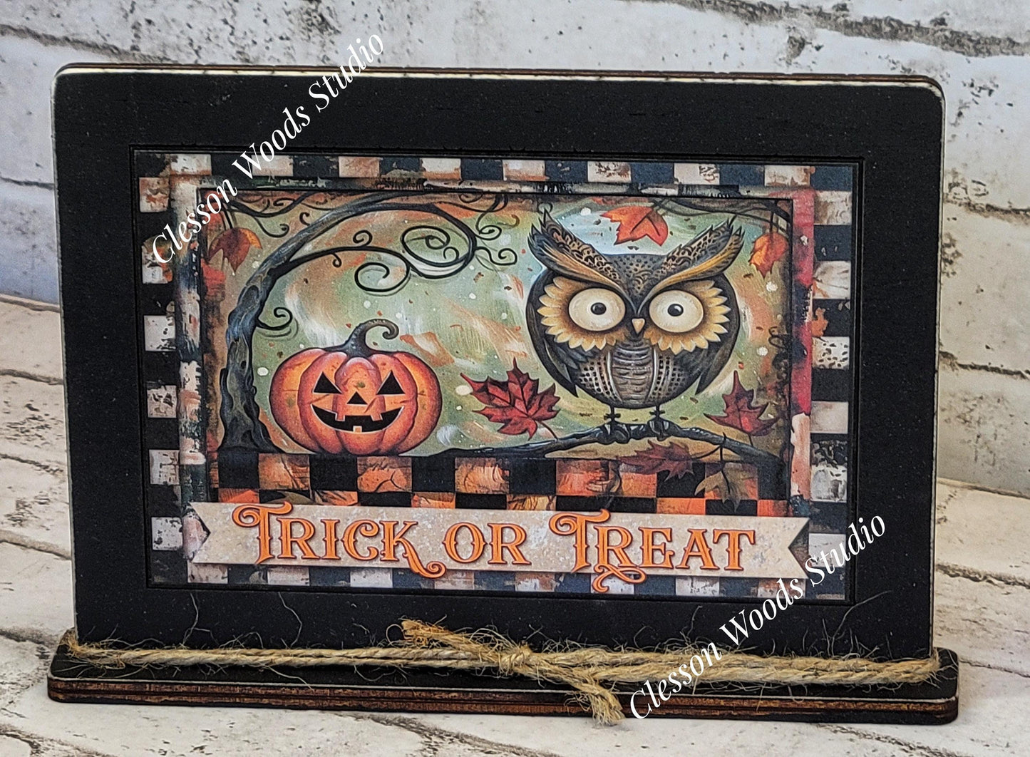 Primitive Trick or Treat Owl and Pumpkin Framed Art with Attached Stand