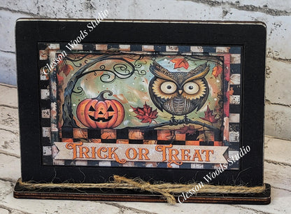 Primitive Trick or Treat Owl and Pumpkin Framed Art with Attached Stand