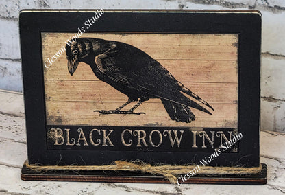 Primitive Black Crow Inn Framed Art with Attached Stand