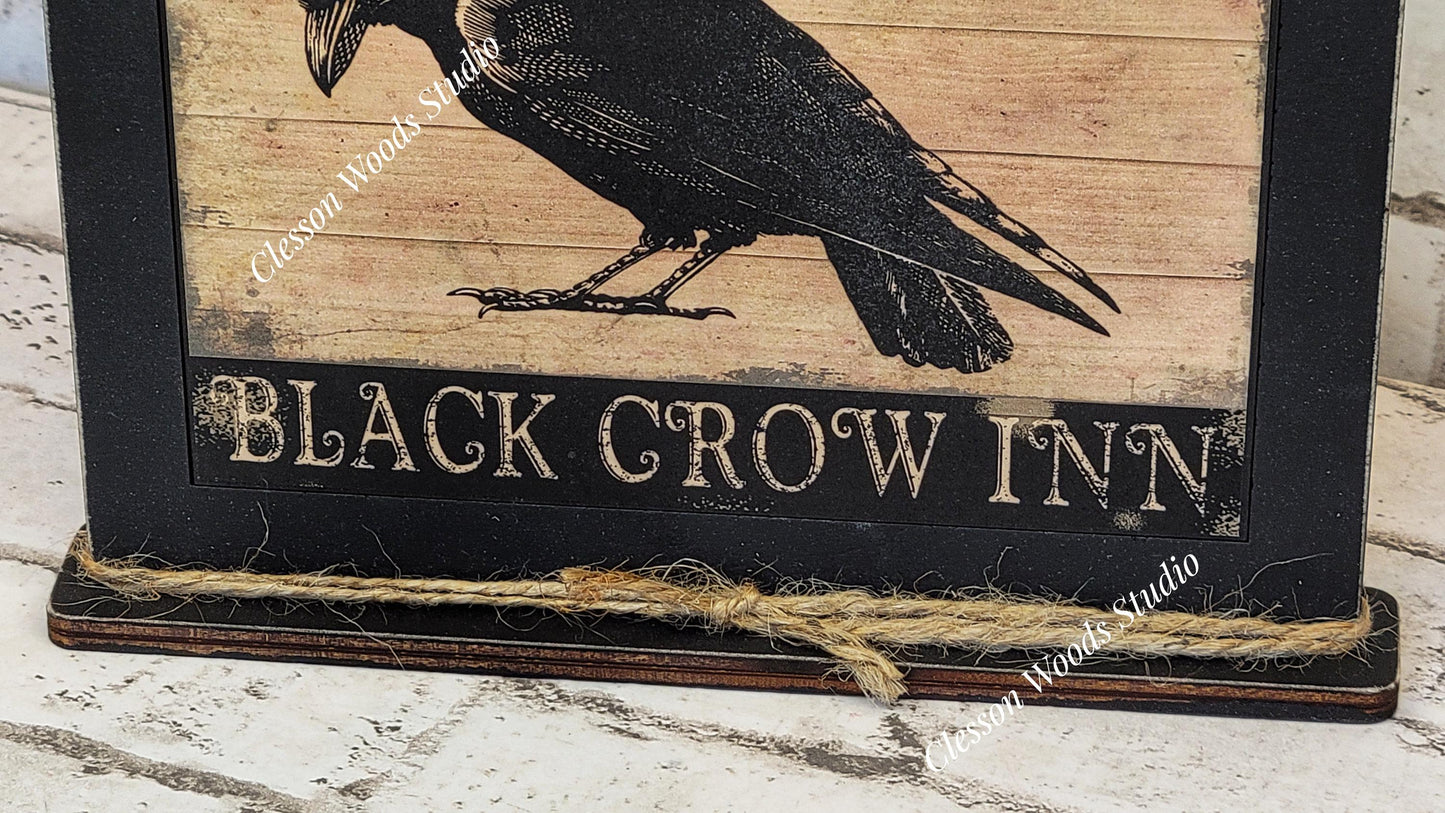 Primitive Black Crow Inn Framed Art with Attached Stand