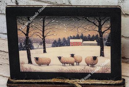 Primitive Sheep and Barn Winter Framed Art with Attached Stand