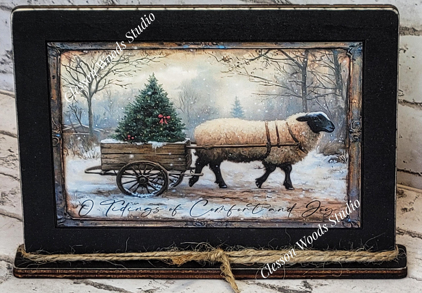 Primitive Sheep O Tidings of Comfort and Joy Framed Art with Attached Stand
