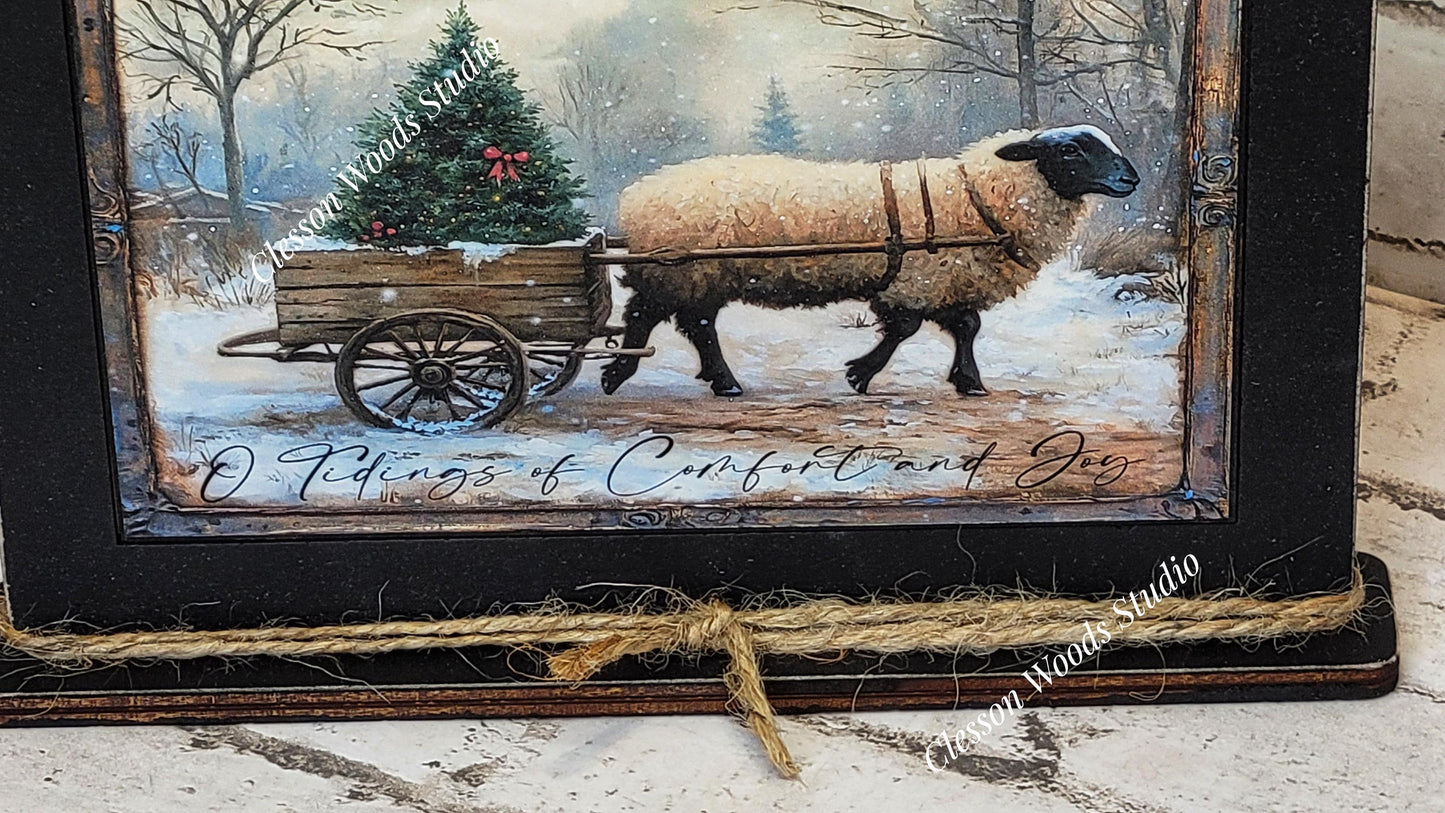 Primitive Sheep O Tidings of Comfort and Joy Framed Art with Attached Stand