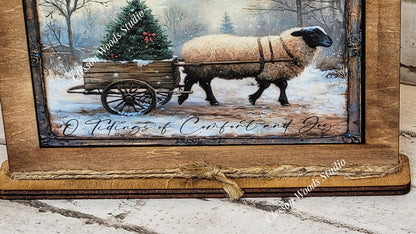 Primitive Sheep O Tidings of Comfort and Joy Framed Art with Attached Stand