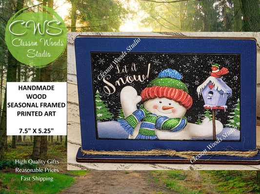 Let It Snow Waving Snowman and Birdhouse Framed Art with Attached Stand