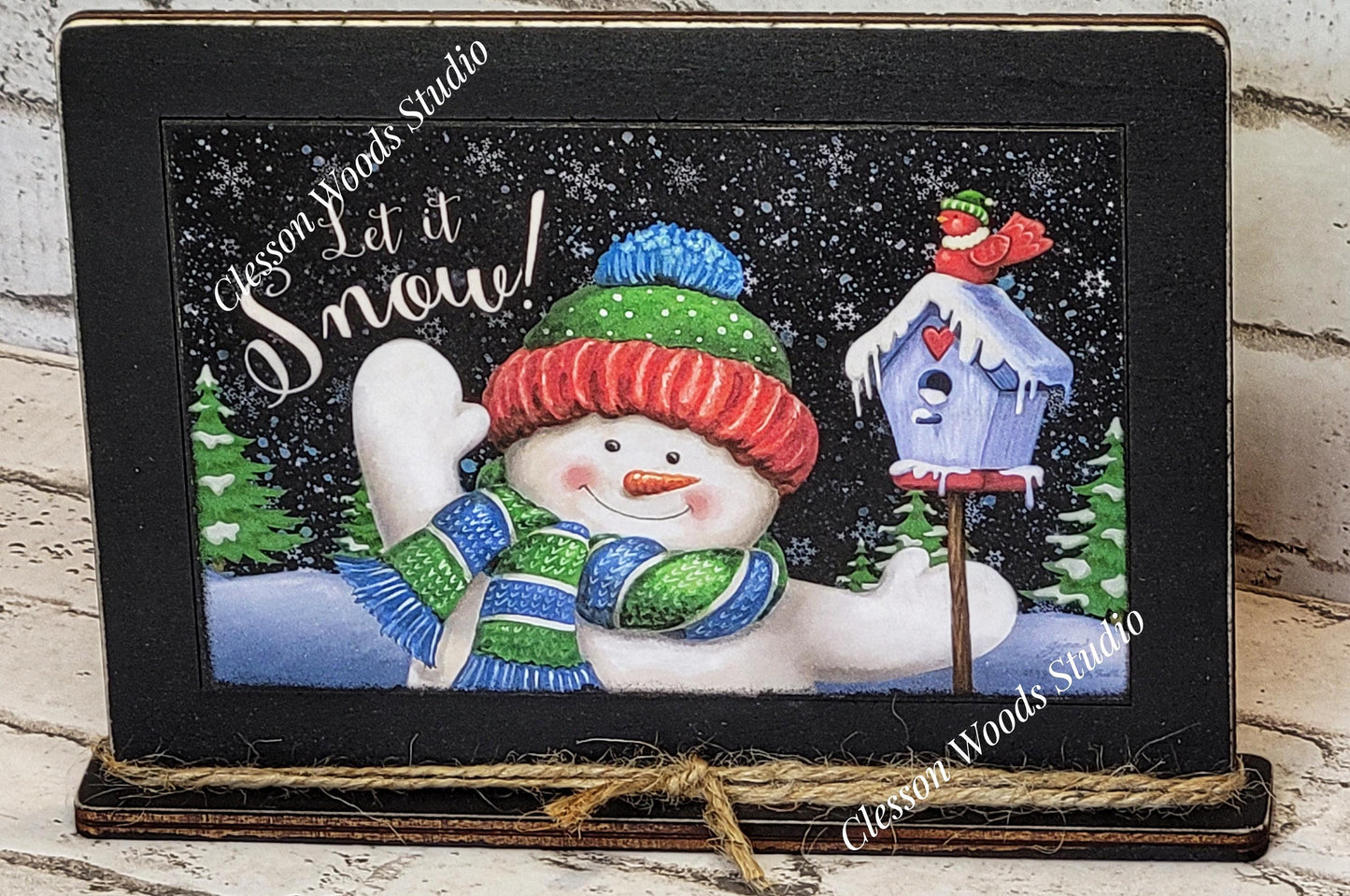 Let It Snow Waving Snowman and Birdhouse Framed Art with Attached Stand